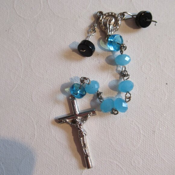 Vintage Rosary, Sapphire Blue & Black Beads, Ave Maria, Crucifix, - Picture 1 of 13